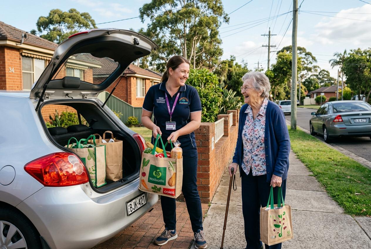 A support worker and participant carrying groceries beside a car