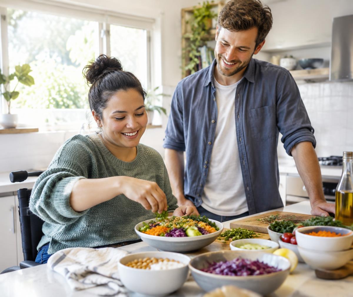 A participant building independence while preparing food